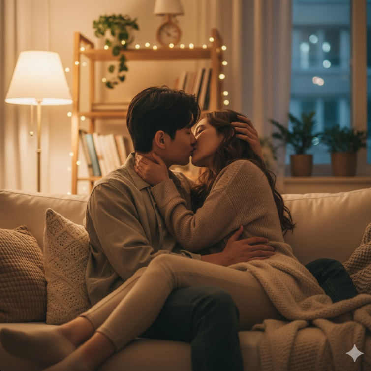 따뜻한 조명의 거실 소파에서 서로를 안고 키스하는 커플 모습