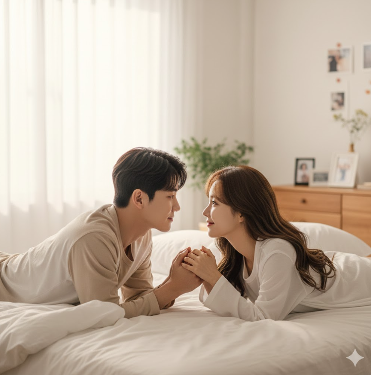 신혼부부 콘셉트로 침실에서 서로를 애정 어린 눈빛으로 바라보는 장면