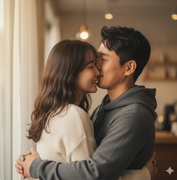 커플이 서로를 끌어안고 속삭이는 장면