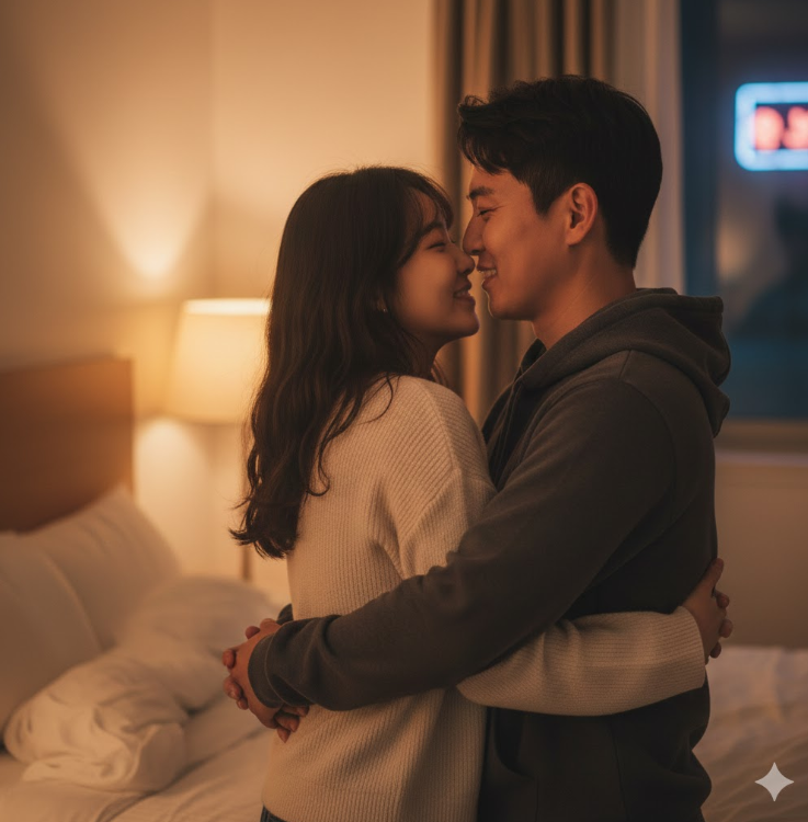 모텔 방 안에서 서로를 안고 있는 커플